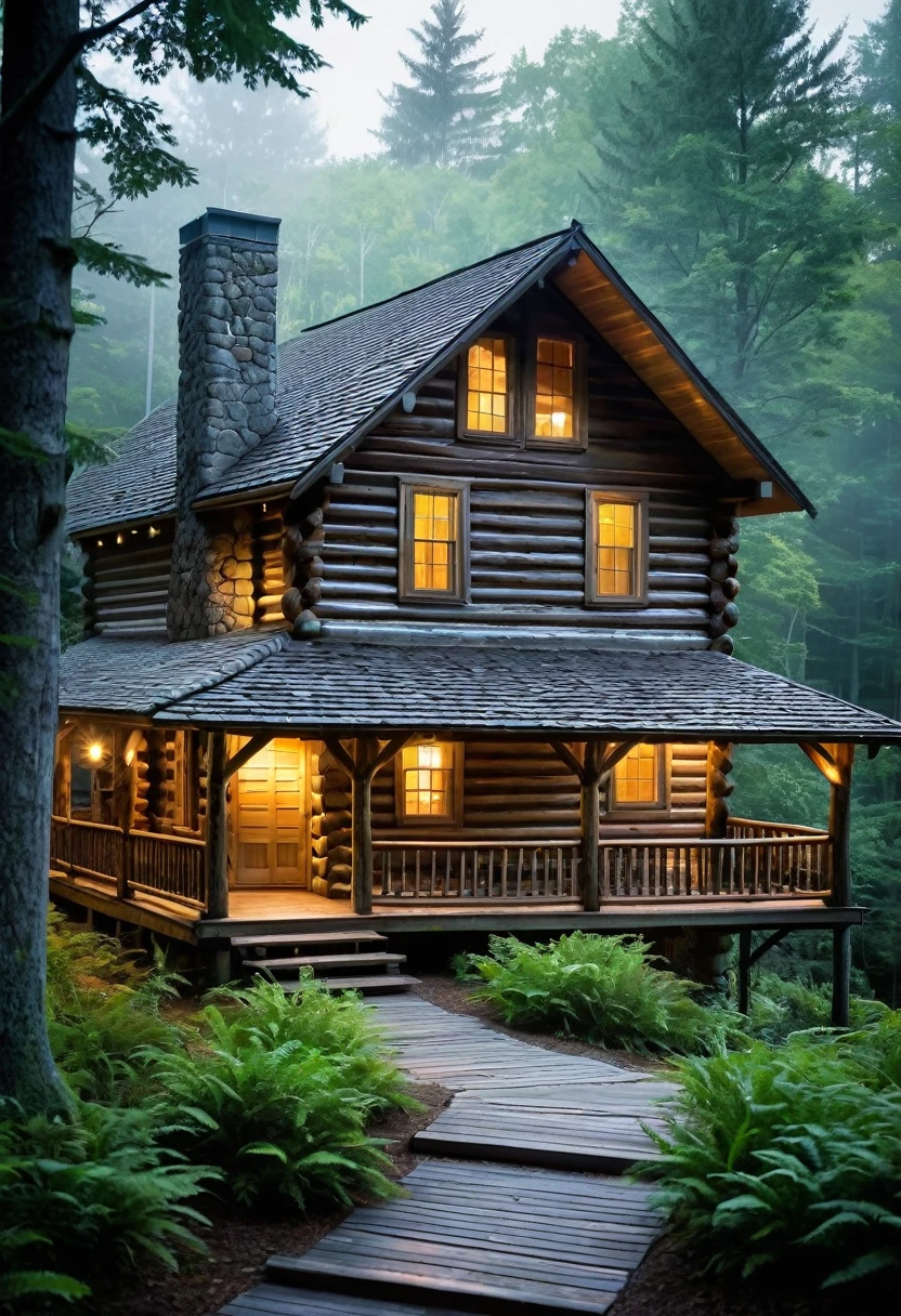 A rustic log cabin nestled deep within a misty forest, bathed in the warm glow of its porch lights. The cabin's weathered wood and the surrounding trees create a sense of peace and solitude, inviting the viewer to imagine a life lived close to nature. A winding path leads towards the cabin, promising a journey of discovery and tranquility.