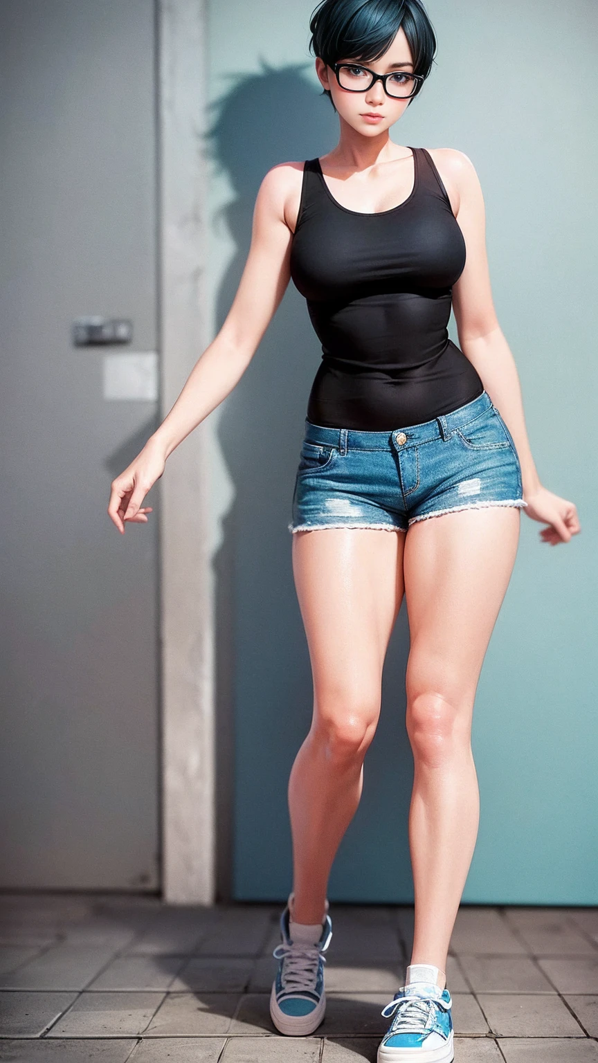 A professional korean model, model, messy bun blonde hair, glossy lips, plump body, long legs, colossal breasts, braless, topless, top nude, naked top, jeans short shorts, high heels, stilettos, full body, standing on the floor, detailed eyes and detailed face, at photo studio, black backdrop, blue lighting and red lighting, attractive poses, 8K, masterpiece, ultra detailed, photography,