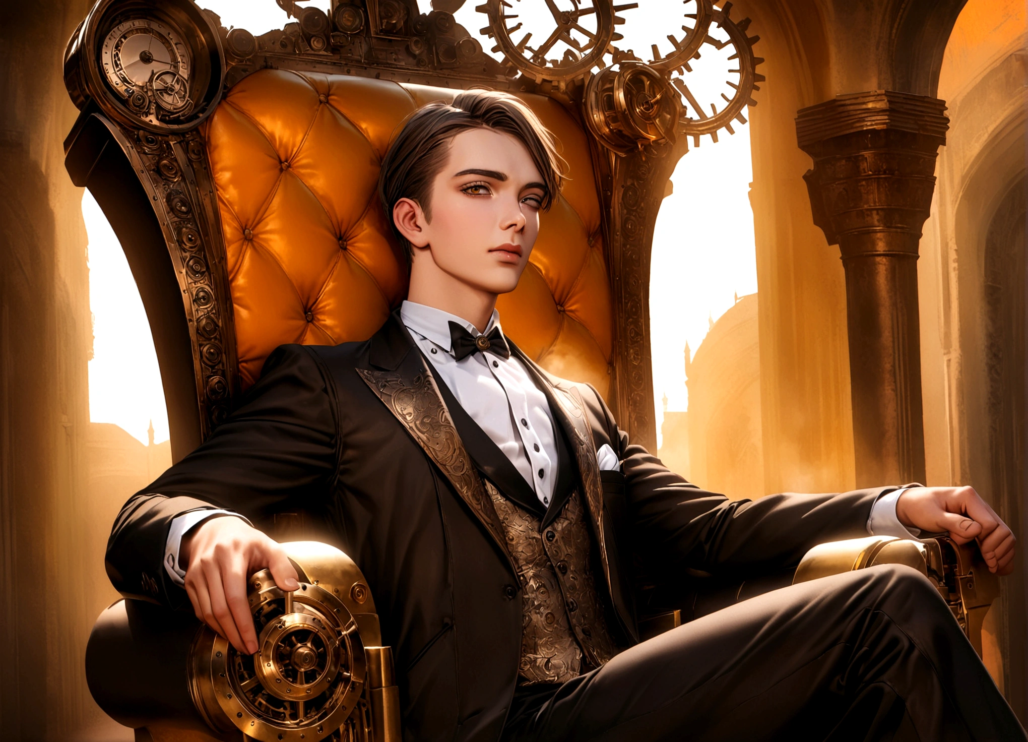 a young man in a tuxedo sitting on a steampunk throne, attended by clockwork steam-powered robotic servants, luxurious sandwiches, ultra-detailed, 8k, photorealistic, cinematic lighting, intricate gears, brass and copper accents, glowing steam vents, dramatic shadows, warm color palette