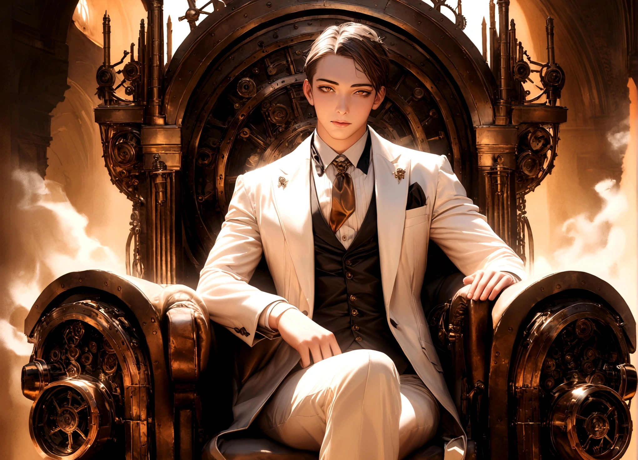 a young man in a tuxedo sitting on a steampunk throne, attended by clockwork steam-powered robotic servants, luxurious sandwiches, ultra-detailed, 8k, photorealistic, cinematic lighting, intricate gears, brass and copper accents, glowing steam vents, dramatic shadows, warm color palette