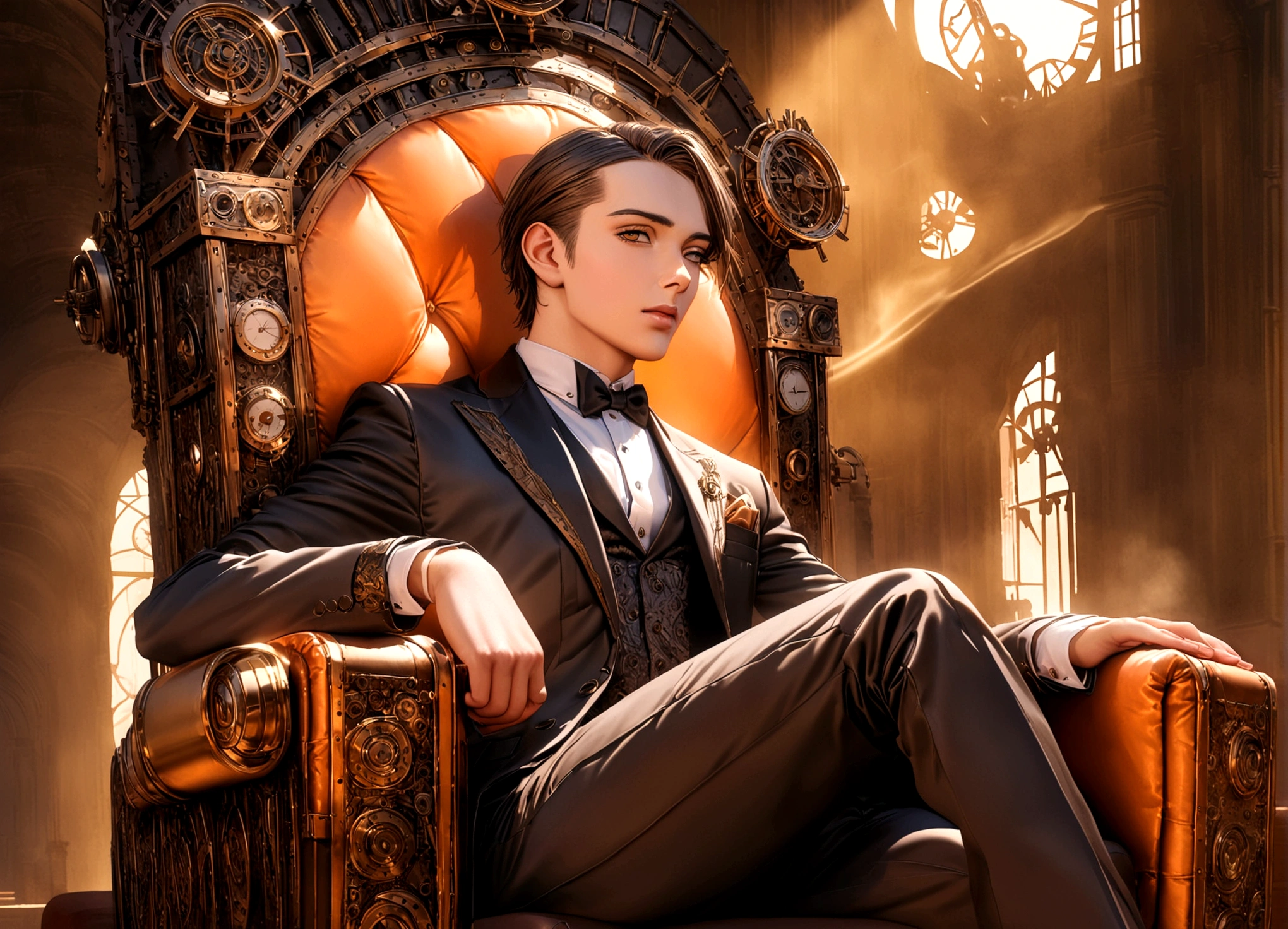 a young man in a tuxedo sitting on a steampunk throne, attended by clockwork steam-powered robotic servants, luxurious sandwiches, ultra-detailed, 8k, photorealistic, cinematic lighting, intricate gears, brass and copper accents, glowing steam vents, dramatic shadows, warm color palette