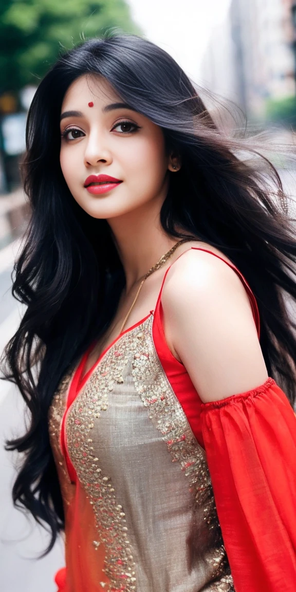 (((desi girl))), chubby face, natural skin, wearing hot deep neck top and dupatta, charming black hair, ( beautiful long hairs, crazy long hairs, super long hairs, long hair, crazy long hairs, super long hairs)), city streets background, bokeh