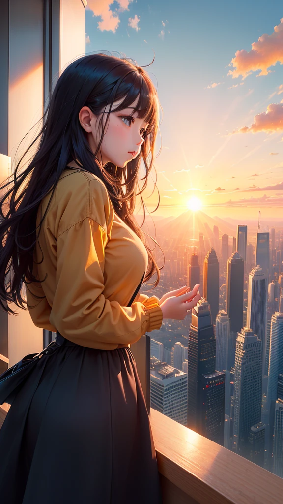 Realist,A huge city spread out、Sun rising over skyscrapers、The morning sun is beautiful、horizon,Composition々The sky gradually brightens、Huge autumn clouds、Vibrant colors、Girl watching from the top of a mountain in the distance