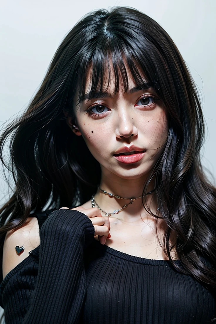 ((Best Quality)), ((Masterpiece)), (detailed), 1 girl, long dark hair, seductive eyes, full lips, mole under the eye, Necklaces, pink off shoulder sweater