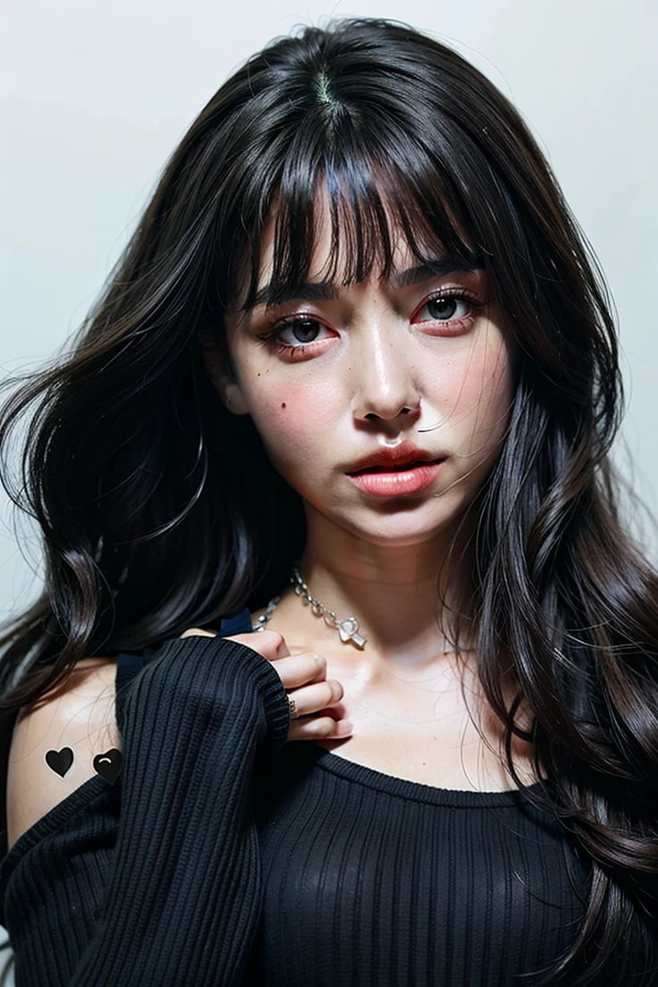 ((Best Quality)), ((Masterpiece)), (detailed), 1 girl, long dark hair, seductive eyes, full lips, mole under the eye, Necklaces, pink off shoulder sweater