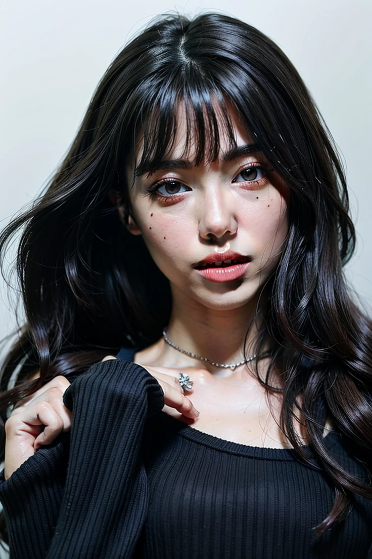 ((Best Quality)), ((Masterpiece)), (detailed), 1 girl, long dark hair, seductive eyes, full lips, mole under the eye, Necklaces, pink off shoulder sweater