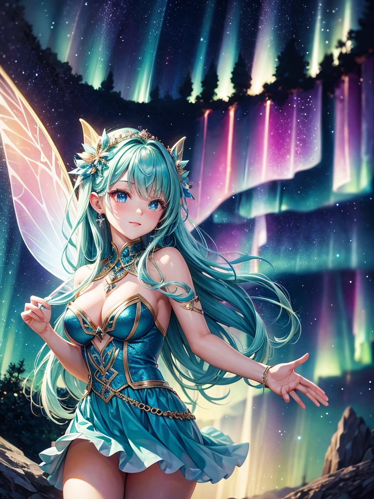Highest quality,Highest Resolution,Glamorous fairy,Aurora,Night Sky,