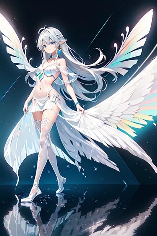 (masterpiece:1.5), ultra quality, 8K, high resolution, super fine illustration, depth of field,
perfect anatomy,
(1girl), solo, delicate beauty girl, (16years_old girl),
silver hair, extreme long hair, bangs, french braid, (floating hair:1.2),
(fine detailed eyes), blue eyes,
beautiful face, small bast, slender,
(from diagonal side), (cowboy shot), (looking ahead),
collarbone, creavege, navel,
greek mythology costume, (white clothes), (crystal clothing:1.2),(sheer_fashion:1.6), (see-through:1.6), (fluorescent wing:1.6), (three_pares wings:1.8),
light smile, spread arms, jewelry, earrings, water, partially submerged, (sacred atmosphere:1.3), (hazy tone:1.2),
(best shadow:1.2), (soft shadow:1.3), (beautiful shadow:1.3), (Prismatic light:1.4), (sparkling light), (beautiful light:1.2), (fantastical light:1.2),
(beautiful reflection:1.3), (prismatic reflection:1.4), (soft reflection:1.3), (natural reflection:1.4), (tyndall effect:1.2),
(sense of depth:1.2),