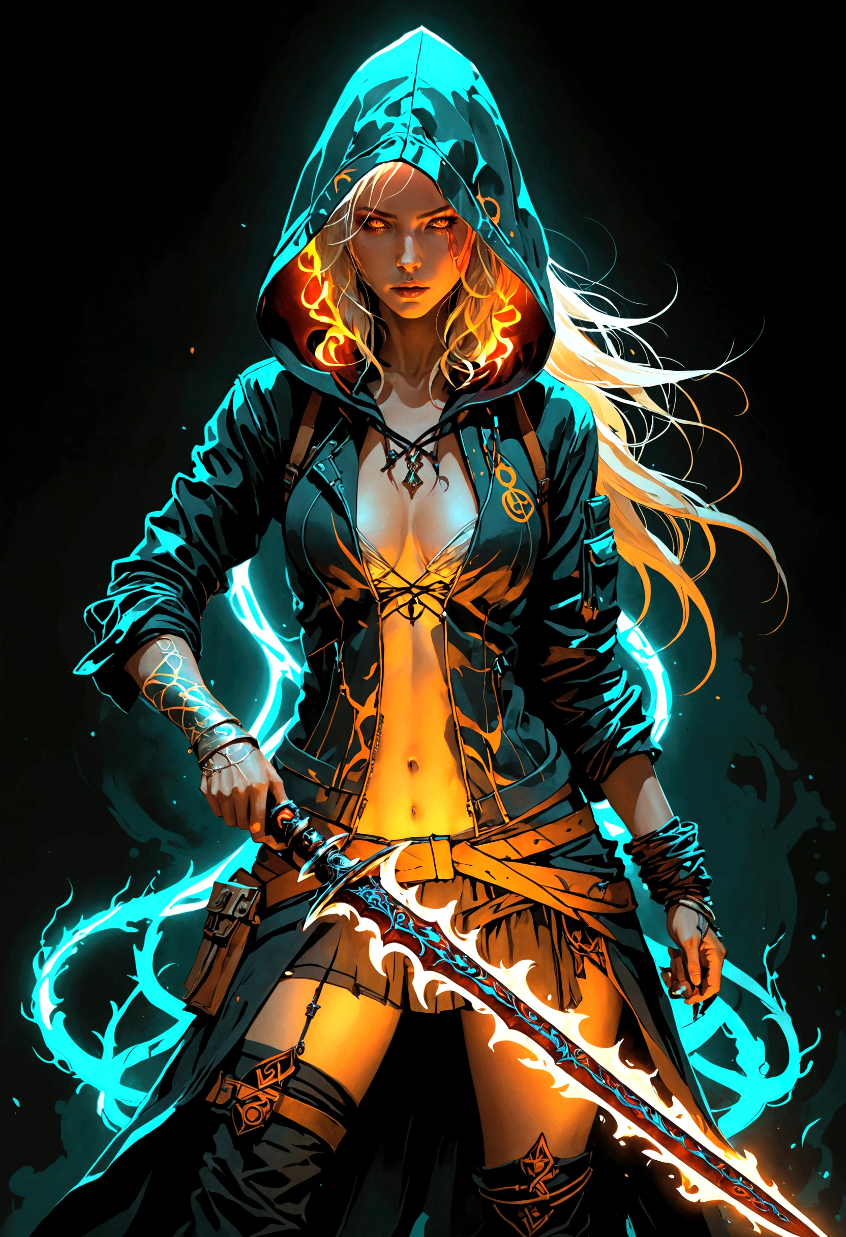 masterpiece, Rogue assassin girl, wearing a hood, blonde hair, shrouded in shadows, holding a flaming dagger in each hand, vibrant glowing abyssal colors, entirely in frame, FULL BODY, radiating electrical energy, shoulder length messy hair, Full body, Beautiful anime waifu style girl, hyperdetailed painting, luminism, art by Carne Griffiths and Wadim Kashin concept art, 8k resolution, fractal isometrics details bioluminescence , 3d render, octane render, intricately detailed , cinematic, trending on art station Isometric Centered hyper realistic cover photo awesome full color, hand drawn , gritty, realistic, intricate, hit definition , cinematic, Rough sketch, bold lines, on paper, vibrant, epic, ultra high quality model