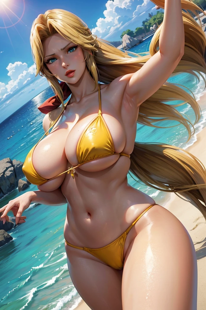  (Strong sunlight)Golden Bikini (Triumphant Face:1.3), The face we&#39;re looking for,8K(A slightly shy smile)
8K(Anime style face:1.1) The facial expression is good,Seaside,
Blonde woman,Huge boobs,very red lips,Emphasis on huge breasts,Big Ass,Thin waist long legs,Green Eyes, Emphasis on huge breasts,Greenish blue eyes,Cheeks are a little red
