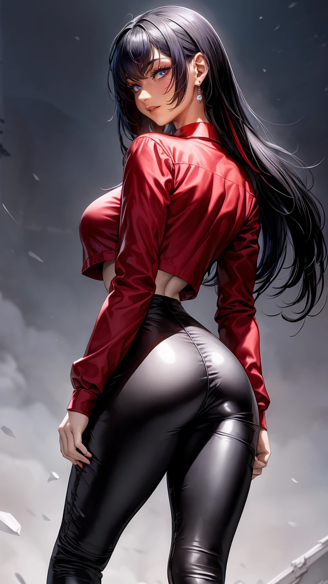 bright red eyes)beautiful, beautiful woman, perfect anatomy, perfect body, whole body, big breasts, choker:1.6, captivating look, slight smile, realism, from behind, facial focus,(looking at the viewer:1.2) Masterpiece, Rough skin, super detailed, high detail, high quality, 最high quality, 1080P, 16k, realist, 1 girl, (black fur:1.6, waist length hair), crop top, shiny black leggings, Chapped lips, red blush, evening, sollight, (white long sleeve collared shirt:1.4), (shiny black boots), shy