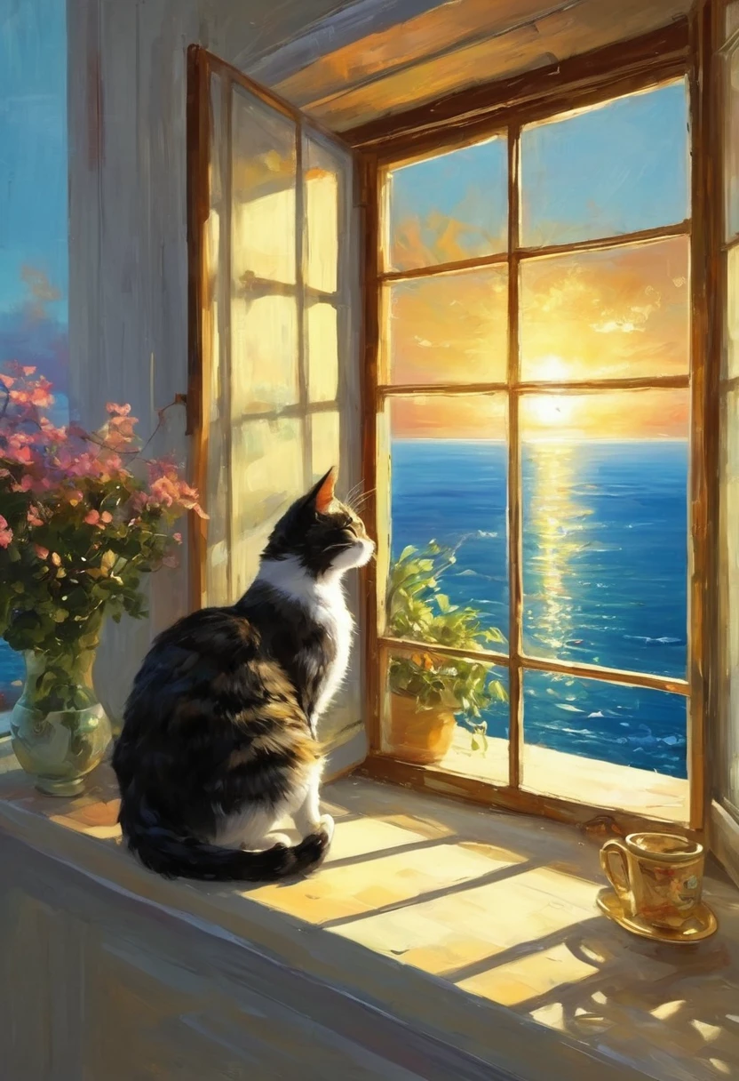 oil,The view from the window is amazing,sunrise,Ocean,horizon,peaceful,Cat on the windowsill