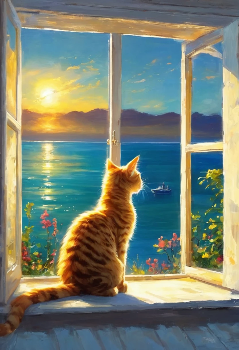 oil,The view from the window is amazing,sunrise,Ocean,horizon,peaceful,Cat on the windowsill