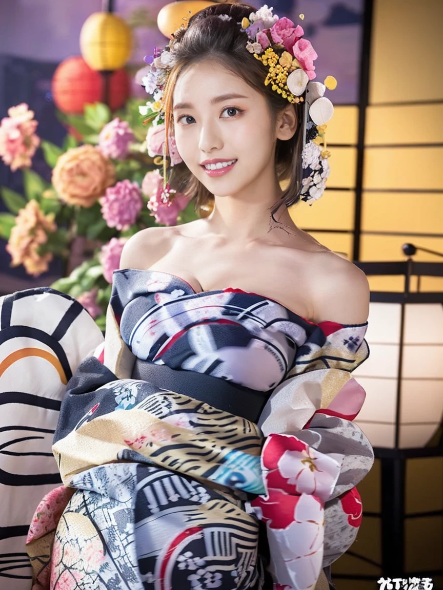 (One Girl), Very cute face, Great face and eyes, (Highly detailed eyes, Highly detailed face), Fresh, Very beautiful appearance, (Ultra-Realistic, High resolution), (Highest quality:1.4), RAW Photos, (Realistic, Photorealistic:1.37), Professional photography, (Floral Yukata:1.5), (Open yukata), (Cleavage:1.2), (Bare shoulders), Laugh a little, (look at me), Bedroom, Portrait of a Girl,