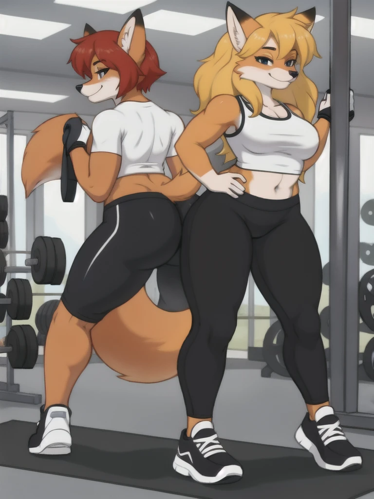 Furry, fox, female, white shirt, black leggings, shoes, gym, , full body