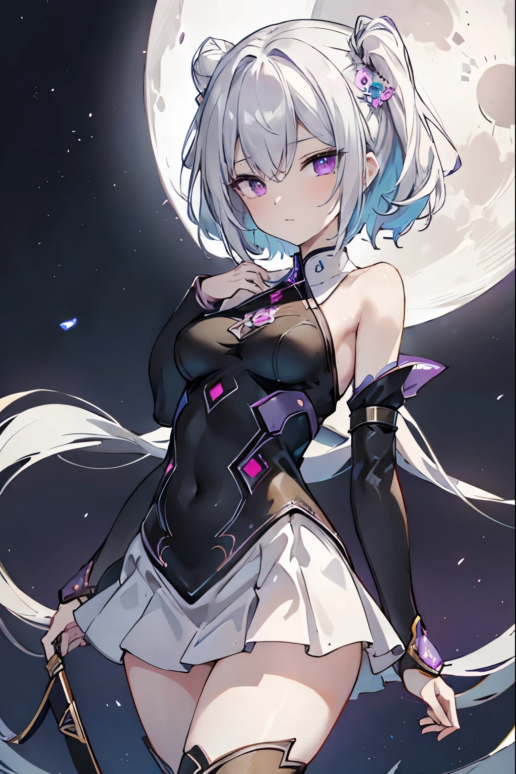 1girl, アニメ, cute girl, blank background, white background, fantasy, detailed fantasy dress with highlights, beautiful face, beautiful eyes, dark colors, black hair with multicolor streaks, red eye with different color pupil in eye, multicolor eye, medium breasts, slight cleavage, beautiful skin, cute, breast curtains, extremely delicate and beautiful, (beautiful detailed face:1.0), (detailed deep eyes), symmetrical breasts, deep eyes, shiny skin, portrait, slender waist, hips wider than shoulders, thighs, expressionless, young girl, luminous eyes, adorable，（Kpop idol）,（aegyo sal：1），（Platinum blonde hair：1），（（puffy eye）），Black panty，sexy posture，Superskirt, Ultra-high resolution，Black collar，slim figure, Abdominal y tattoo, womb tattoo，Tight-fitting leg ring，y tattoo on half-body，Bare skin, Armored hand，Hidden fingertips，Hand covered，Arm covered，Fist covered,{{beautiful detailed fingers}}, tufts of hair, moderate beautiful breast:1.0,(masterpiece:1.2), best quality, high-res, HDR, perfect face, intricate armor, delicate blue filigree, intricate filigree, red metalic parts, detailed part, dynamic pose, dynamic lights, cute face, neutral expression, shuimobysim, lotus, Hanfu, maxi skirt, dress conservatively 1girl, 独奏, long blue hair, standing, One lady,14years,((White hair) ,(Shiny purple bodysuit with microskirt),((Fantasy, Moon Night)), gradient_eyes,