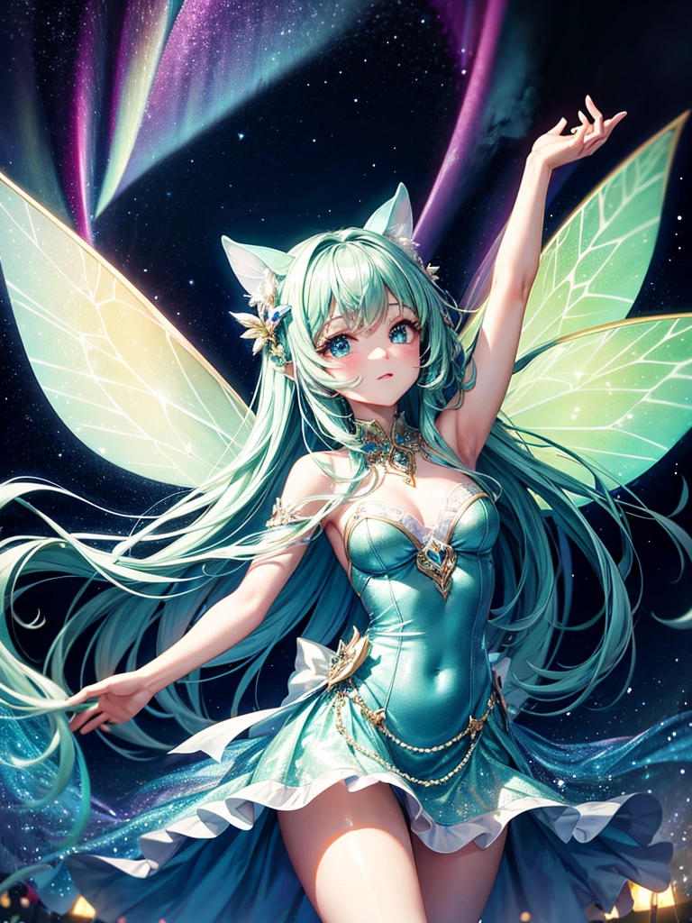Highest quality,Highest Resolution,Glamorous fairy,cute,Aurora,Night Sky,