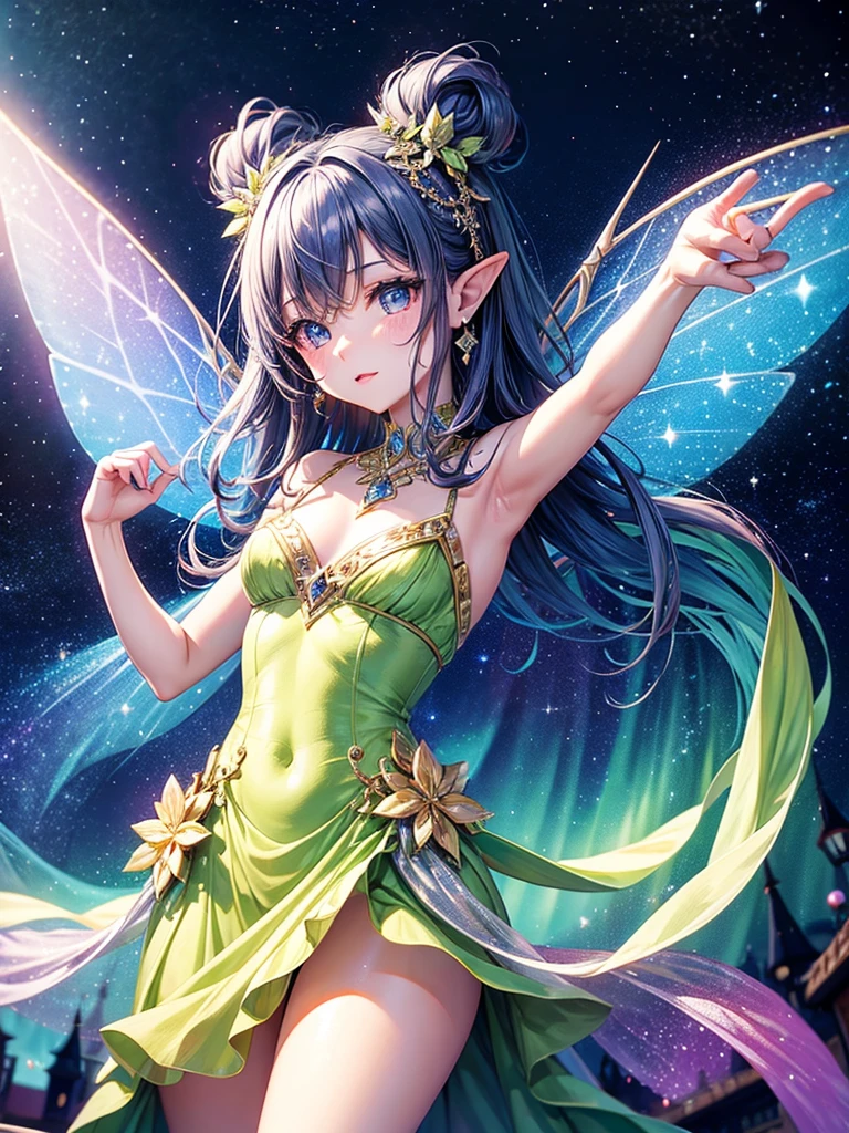 Highest quality,Highest Resolution,Glamorous fairy,cute,Aurora,Night Sky,