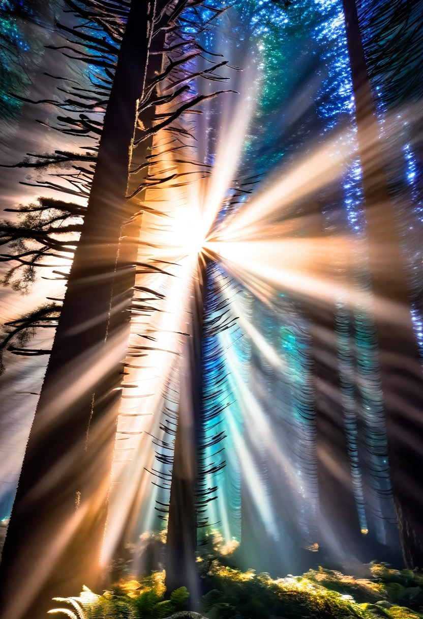 detailed fantastic image, the starry sky spreads over the landscape like a black velvet blanket dotted with twinkling stars that form unknown constellations. Moon, of enormous size, emits a silvery glow that bathes the enchanted forest in a magical, ethereal light. The trees, of twisted shapes and iridescent colors that change with each movement, They seem to take on a life of their own as their branches intertwine in a harmonious dance..
Luminous vines winding along tree trunks emit flashes of multicolored light that illuminate the ground covered in moss and glowing ferns.. Little fairies with transparent and shiny wings dance in the air, leaving trails of stardust in their wake. Snow-white unicorns gracefully trot through the trees, His mane fluttering in the wind and his horns glowing with a magical light..
In a forest clearing, A majestic dragon with shining scales and imposing wings stands in all its magnificence, exhaling blue fire that illuminates the night with flashes of light. The atmosphere is permeated with a sense of calm and wonder, as if time had stopped in this corner of fantasy and wonder. Every detail of the image invites the viewer to immerse themselves in a world of dreams and magic., where the impossible becomes real.