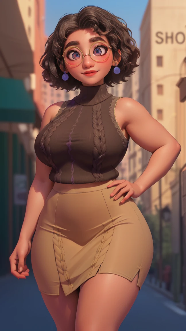 mirabel madrigal, glasses, smile, ((sleeveless sweater)), market background, (((pencil skirt))), (((brown skin))), detailed skin, perfect legs, perfect thighs, (((curvy body))), BIG BREASTS, INVITING TO SEX