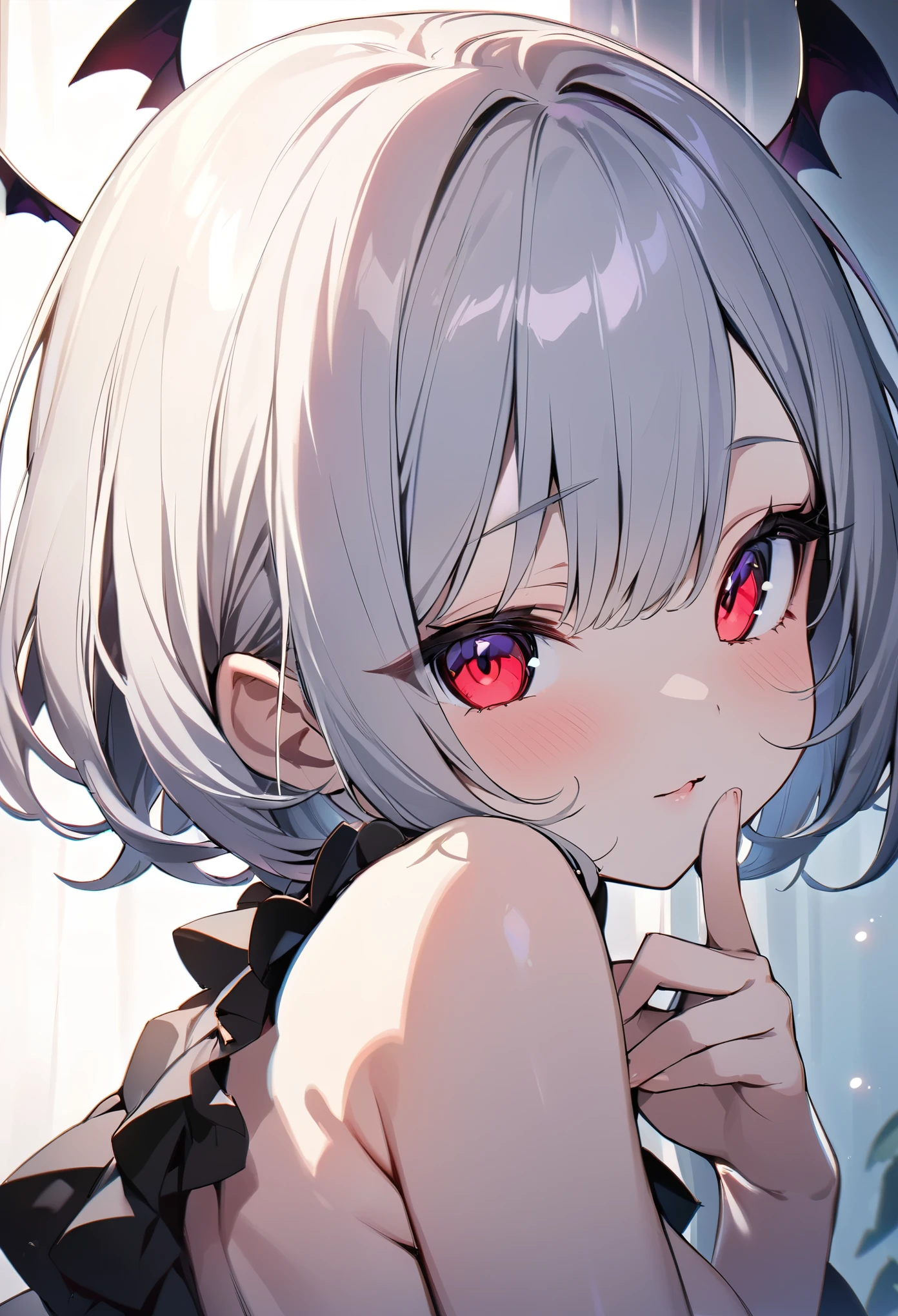 (masterpiece:1.3), (8K、Highest quality:1.3), (1 Girl), (alone), (cute, a bit:1.3), (very cute face:1.3), (A beautiful face with perfect symmetry), (Perfect Anatomy), (Skin with attention to detail), Rendering of anime girls, Beautiful silver bob cut, Bright red eyes, Strong eye highlights, (Gothic Fashion), (Vampire Dracula), (Bats are flying around the girl), Bat-shaped accessories, look back, 私 feel shy when 私 touch my cheek with my hand, Upper body close-up, Volumetric lighting, Soft Light, bright, bright色,