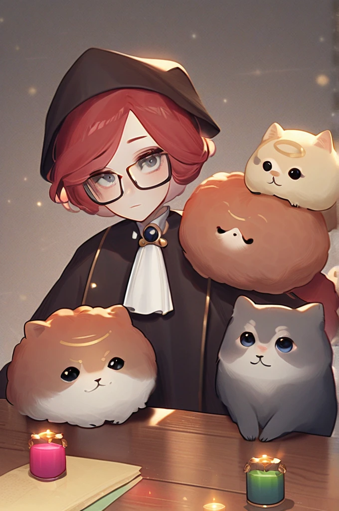 ((Лучшее качество)), ((шедевр)), (подробный), a red-haired witch with glasses, surrounded by 2 pomeranians, a gray Scottish fold, brews a love potion