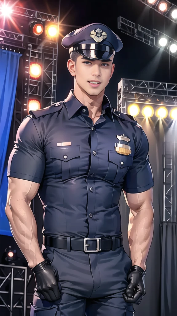 handsome man,(crew cut short hair:1.2),black eye,smile,open mouth
(navy police uniform:1.2),(shirt short sleeves:1.2),collar,(shirt covered over:1.2),(name tag and Police badge:1.2),(shirt no buttons:1.1),(black_gloves:1.3),
(Navy blue cargo:1.2),Korean guy,korean men,(High gloss details),(chest muscles:1.2),(large arm muscles:1.2),blood vessel,Big muscles,Broad shoulders,looking at the audience,Balancing the eyes,middle of the road,(stage:1.4),