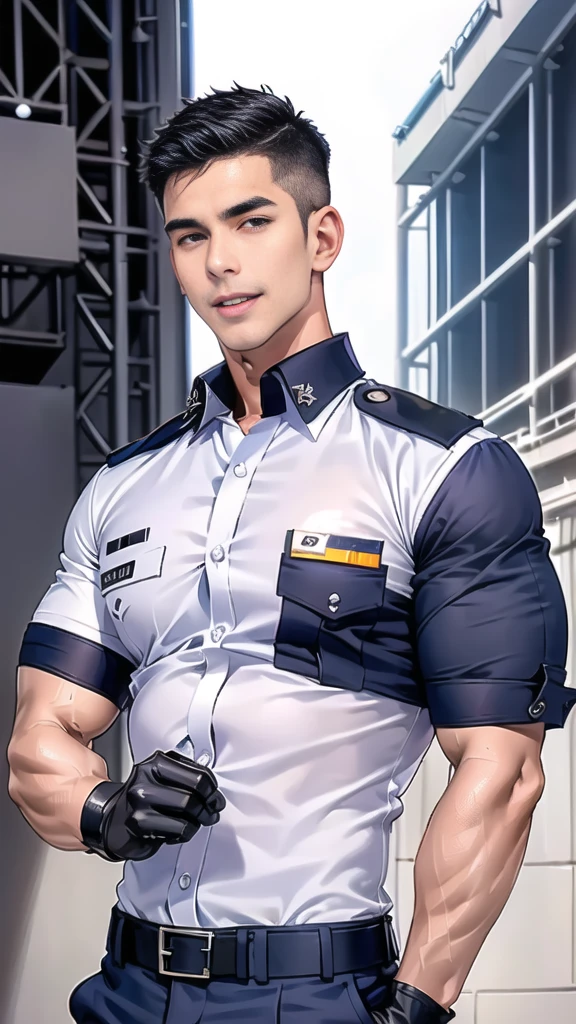 handsome man,(crew cut short hair:1.2),black eye,smile,open mouth
(navy police uniform:1.2),(shirt short sleeves:1.2),collar,(shirt covered over:1.2),(name tag and Police badge:1.2),(shirt no buttons:1.1),(black_gloves:1.3),
(Navy blue cargo:1.2),Korean guy,korean men,(High gloss details),(chest muscles:1.2),(large arm muscles:1.2),blood vessel,Big muscles,Broad shoulders,looking at the audience,Balancing the eyes,middle of the road,(stage:1.4),