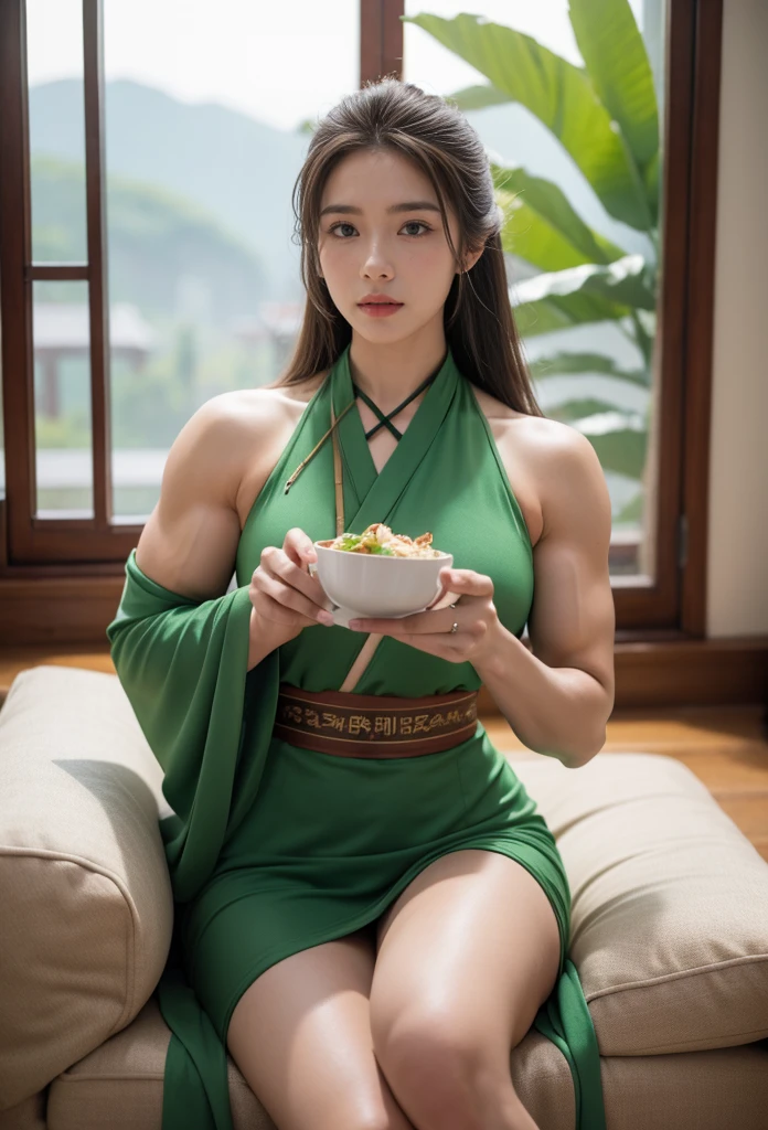 best quality, masterpiece, hulk girl,beautiful girl,, (green skin),biceps,muscular female, alternate muscle size,brown hair,,,pecs, muscular thighs,window, Chinese hair style, hanfu, food