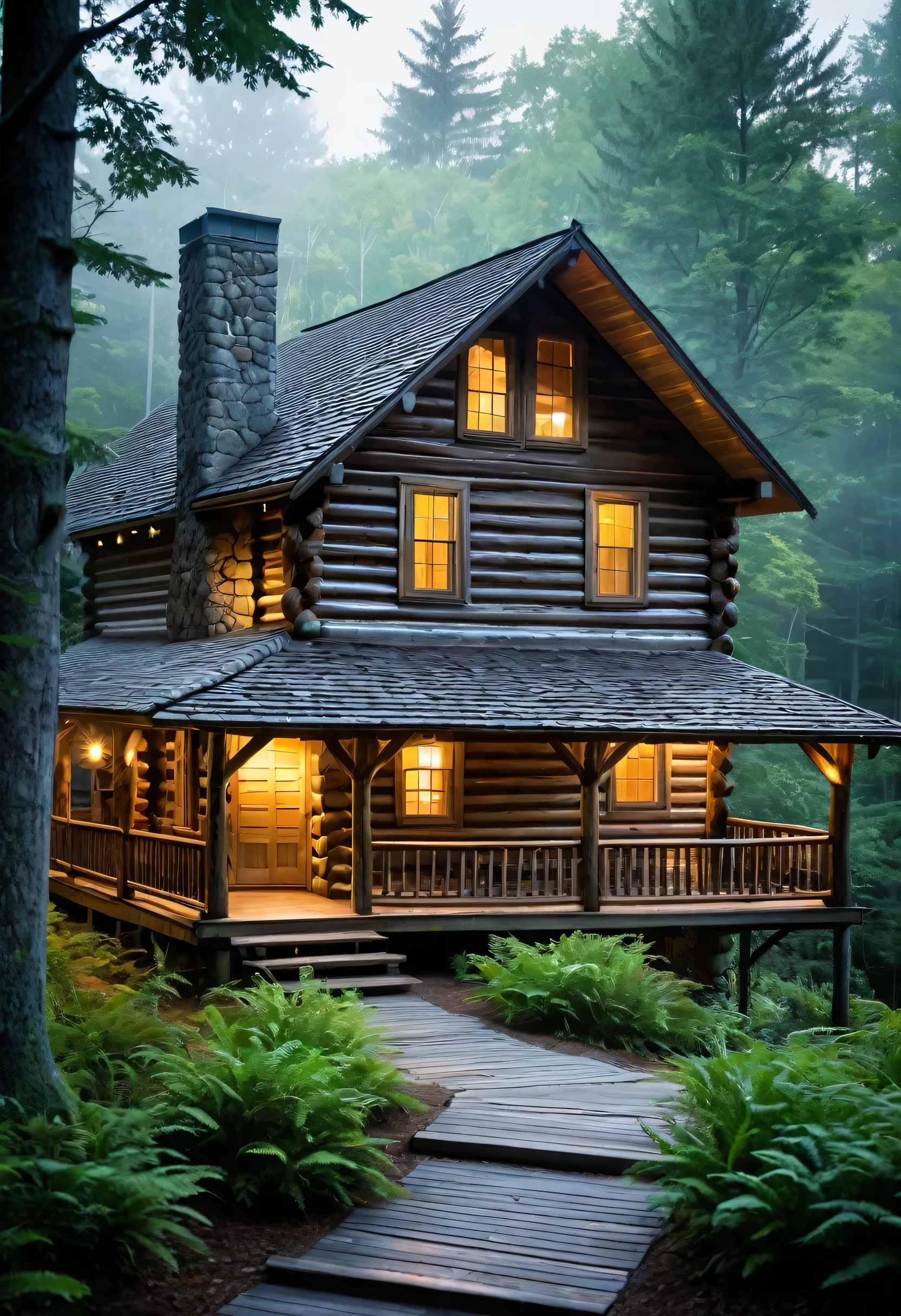 A rustic log cabin nestled deep within a misty forest, bathed in the warm glow of its porch lights. The cabin's weathered wood and the surrounding trees create a sense of peace and solitude, inviting the viewer to imagine a life lived close to nature. A winding path leads towards the cabin, promising a journey of discovery and tranquility.