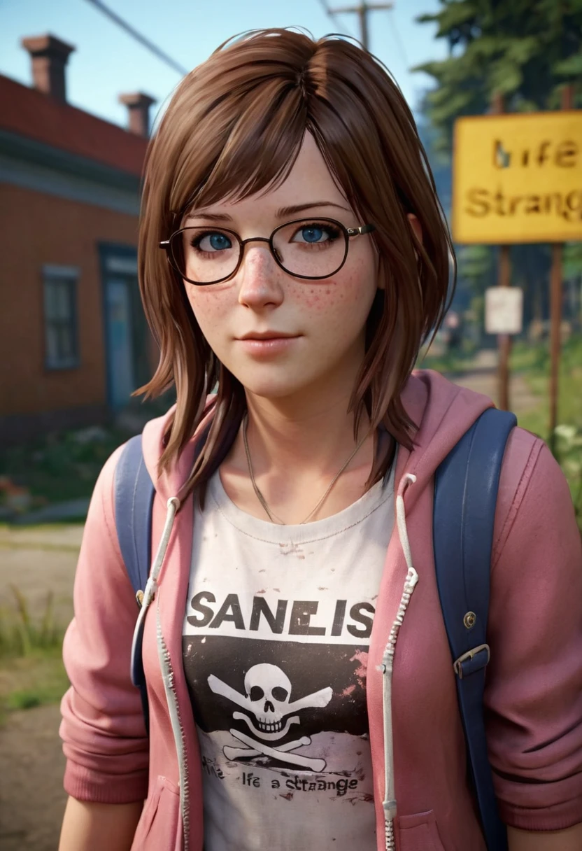 Maxine Caulfield is the quintessential hipster, preferring an understated style that consists of simple T-shirts bearing logos , a grey zip up hoodie and black converse shoes with a skull and crossbones with sunglasses designed on it, and yellow writing that says "Life is Strange". She is always been wearing her shoulder school bag that she carries through out the game. She has auburn brown hair, blue eyes, and freckles. She wears a set of three colored bangles on her right wrist that appear to be silicone wristbands,
full body, (max caulfield in Life is Strange:1.2) is a timid, young photographer girl , wearing a pink see-through cardigan and t-shirt print,
butterflies surrounding her, flimsy, comfy, firm ,cute, realistic photo, masterpiece, high res, highest quality, realistic chromatic lighting, realistic lighting,, shyly, caught homemade photo , awkward, blush, flush,unsuspecting,candid, unposed, unaware, unobserved, natural, unedited
unedited, natural freckled skin, fresh up, photo-realistic, real, living,realistic