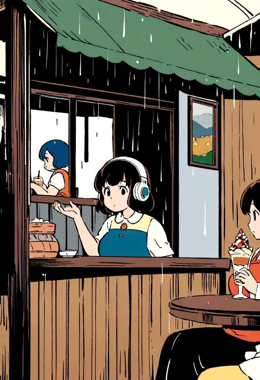 Sitting in a coffee shop eating a parfait while a girl stares outside in the rain with headphones on Girl's image is large Girl's body is forward facing Face is sideways Window is to the left Background is black and white Girl is full color Ghibli anime style Short hair