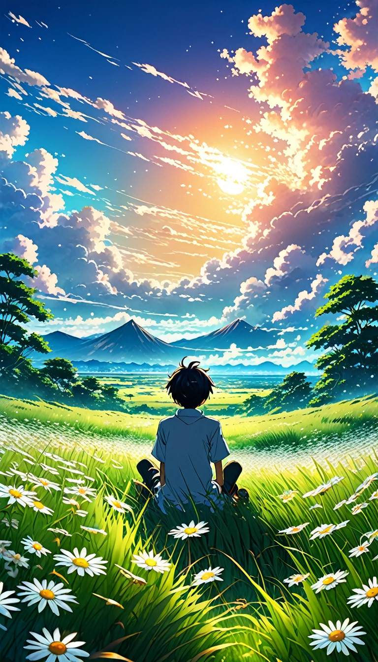 Anime landscape of a boy sitting in a field with tall grass and daisy flowers watching a void with white clouds, colorful anime scene, a beautiful anime peace scene, Makoto Shinkai Cyril Rolando, a beautiful anime scene, a background of amazing screen, an anime art wallpaper 8k, anime background, anime art background, anime wallpaper 4k, anime art 4k wallpaper, anime art 4k wallpaper,