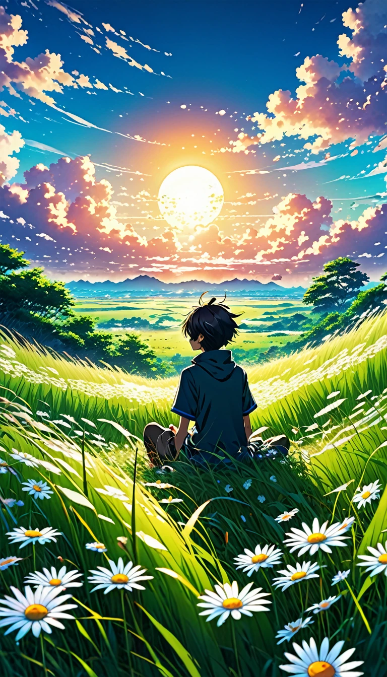 Anime landscape of a boy sitting in a field with tall grass and daisy flowers watching a void with white clouds, colorful anime scene, a beautiful anime peace scene, Makoto Shinkai Cyril Rolando, a beautiful anime scene, a background of amazing screen, an anime art wallpaper 8k, anime background, anime art background, anime wallpaper 4k, anime art 4k wallpaper, anime art 4k wallpaper,