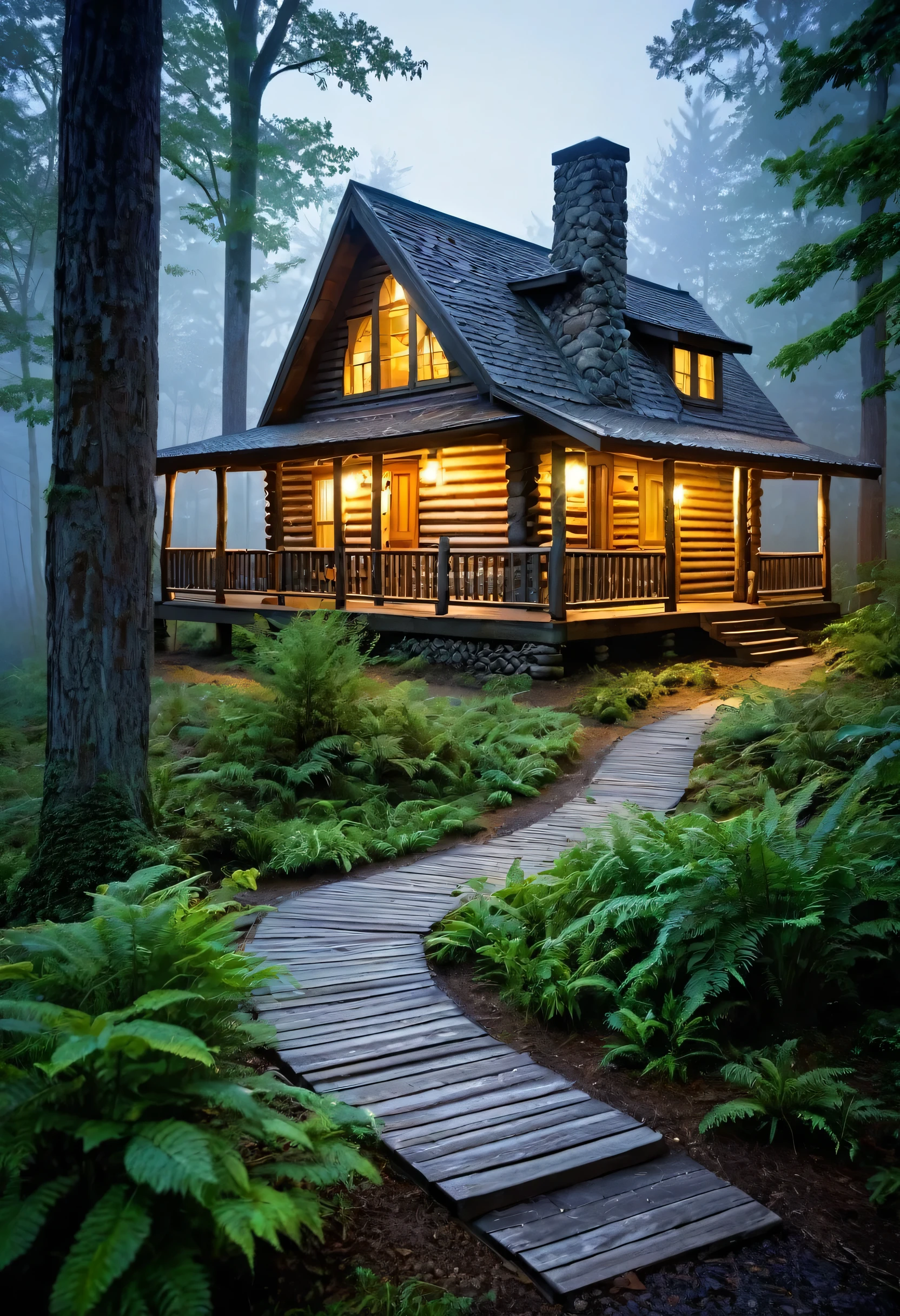 A rustic log cabin nestled deep within a misty forest, bathed in the warm glow of its porch lights. The cabin's weathered wood and the surrounding trees create a sense of peace and solitude, inviting the viewer to imagine a life lived close to nature. A winding path leads towards the cabin, promising a journey of discovery and tranquility.