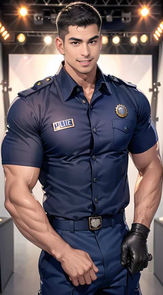 handsome man,(crew cut short hair:1.2),black eye,smile,open mouth (navy police uniform:1.2),(shirt short sleeves:1.2),collar,(shirt covered over:1.2),(name tag and Police badge:1.3),(shirt no buttons:1.1),(black_gloves:1.3), (Navy blue cargo:1.2),Korean guy,korean men,(High gloss details),(chest muscles:1.2),(large arm muscles:1.2),blood vessel,Big muscles,Broad shoulders,looking at the audience,Balancing the eyes,middle of the road,(stage:1.2),