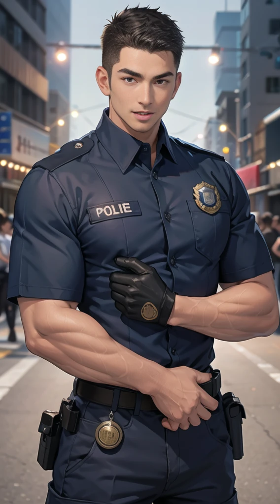 handsome man,(crew cut short hair:1.2),black eye,smile,open mouth (navy police uniform:1.2),(shirt short sleeves:1.2),collar,(shirt covered over:1.2),(name tag and Police badge:1.3),(shirt no buttons:1.1),(black_gloves:1.3), (Navy blue cargo:1.2),Korean guy,korean men,(High gloss details),(chest muscles:1.2),(large arm muscles:1.2),blood vessel,Big muscles,Broad shoulders,looking at the audience,Balancing the eyes,middle of the road,(stage:1.2),