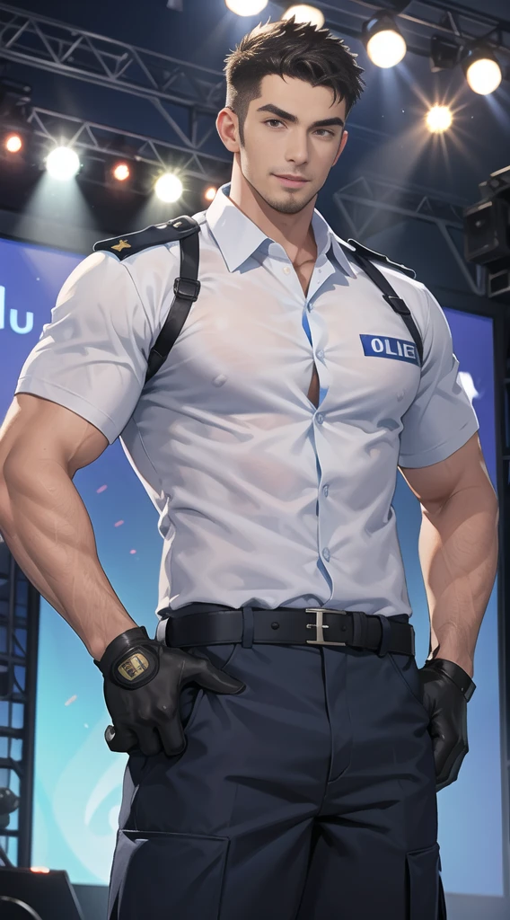 handsome man,(crew cut short hair:1.2),black eye,smile,open mouth (navy police uniform:1.2),(shirt short sleeves:1.2),collar,(shirt covered over:1.2),(name tag and Police badge:1.3),(shirt no buttons:1.1),(black_gloves:1.3), (Navy blue cargo:1.2),Korean guy,korean men,(High gloss details),(chest muscles:1.2),(large arm muscles:1.2),blood vessel,Big muscles,Broad shoulders,looking at the audience,Balancing the eyes,middle of the road,(stage:1.2),