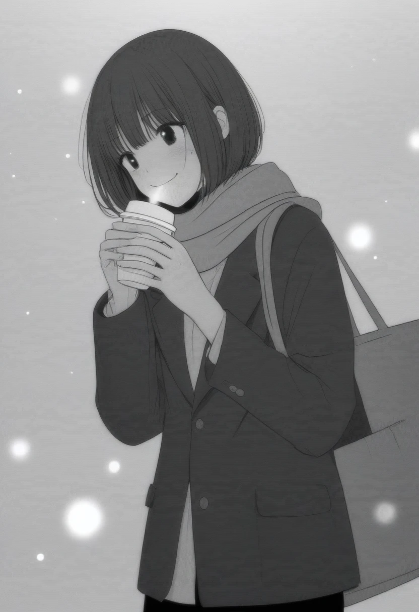 masterpiece, best quality, 1girl, mamerakkkkko, grayscale, manga style, japanese, chi no wadachi, black eyes, street, iced, black hair, schoolbag, smile, lineart, black coat, black scarf, black pleated skirt, leggins, centered, 18 years old, tall, fair skinned, bokeh background,, bob cut, light particles, centered, snowing, (((drinking coffee, perfect hand, detailed hand:1.1)), emotional anime scene
