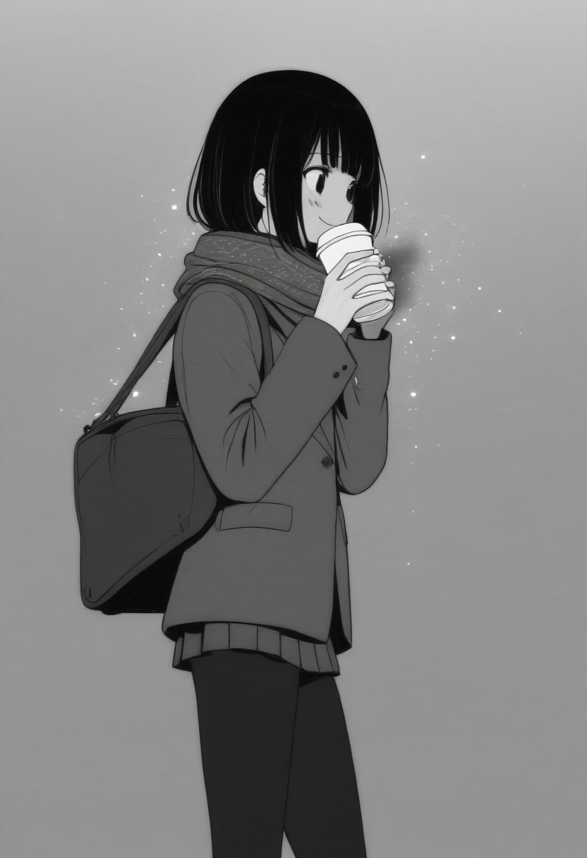 masterpiece, best quality, 1girl, mamerakkkkko, grayscale, manga style, japanese, chi no wadachi, black eyes, street, iced, black hair, schoolbag, smile, lineart, black coat, black scarf, black pleated skirt, leggins, centered, 18 years old, tall, fair skinned, bokeh background,, bob cut, light particles, centered, snowing, (((drinking coffee, perfect hand, detailed hand:1.1)), emotional anime scene
