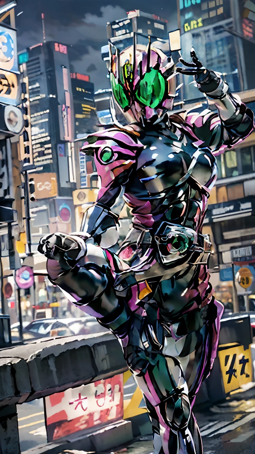 NsfW、(Narrow waist、Shapely breasts、Cleavage、Silver Hair:1.4)(Kamen Rider W design、A deformed belt around the waist:1.5)(Leather jacket、Neon Trim:1.5)sf、Destruction against the backdrop of a cyberpunk city、Gantz style、Ultra-realistic photos、Mastepiece、最high quality、wallpaper、nffsw、high quality、High resolution、Very detailed、{美しくDetailed face}、{Beautifully detailed eyes}、(Detailed light){{Intricate details}}、{High resolution}、((Detailed face))、Neon Light、Chiaroscuro、sf映画のキービジュアル、Intricate details、Very detailed、