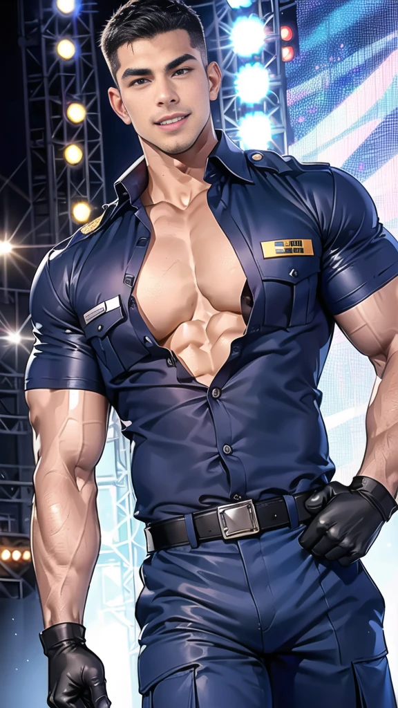 handsome man,(crew cut short hair:1.2),black eye,smile,open mouth (navy police uniform and t-shirt:1.2),(open shirt short sleeves:1.2),collar,(shirt covered over:1.2),(name tag and Police badge:1.2),(shirt no buttons:1.1),(black_gloves:1.3), (Navy blue cargo:1.2),Korean guy,korean men,(High gloss details),(chest muscles:1.2),(large arm muscles:1.2),blood vessel,Big muscles,Broad shoulders,looking at the audience,Balancing the eyes,middle of the road,(stage:1.4)