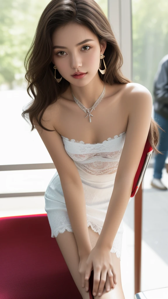8K RAW PHOTO, masterpiece, best quality, exquisite portrait, anatomy correct, ung girl, detailed eyebrows, realistic eyes, super detailed hair, (intricate detail), lips open, very detailed, Perfect face, perfect body, (small breasts: 1.6), mature woman, long legs, shallow depth of field, very blurred background, beautiful necklace, beautiful earrings, strapless white lace sexy dress, (leaning on a chair: 1.8 ), sexy pose, sultry gesture, long slightly curly hair, smooth skin, natural light illumination, high contrast between light and dark, portrait,