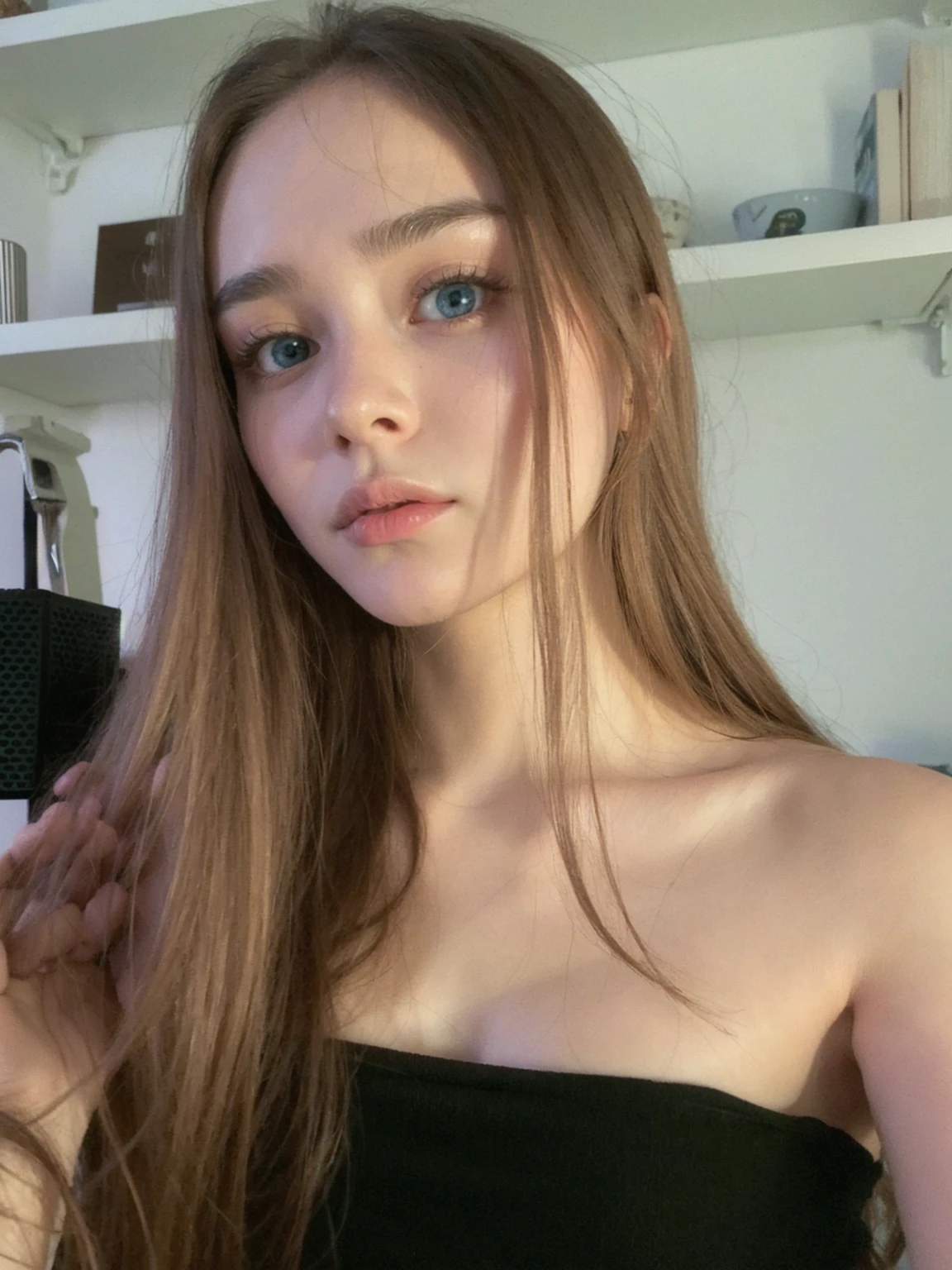 best quality, face focus, soft light, ultra high res, (photorealistic:1.4), RAW photo,
1 russian girl, solo, cute, (pupil, lights in the eyes),  detailed beautiful face, (small chest),(high resolution detail of human skin texture),
(long hair),
indoor,
Damask Shirt Dress,
(portrait), perfect body, blue eyes, beautiful hair, sexy body, sexy lips, big breasts, young, thick eyebrows, plump lips, cold light, bright skin