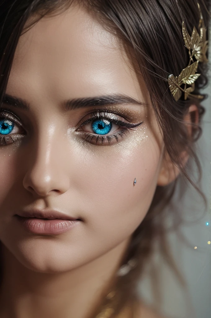 This is a dreamy and ethereal image. Lord Krishna with beautifully detailed and realistic eyes. Include ink drips, peacock feathers and fairy lights. The colors used should be soft and pastel except for his eyes, which should be bold and realistically shaded. Include luminous, glitter, shimmer, and intricate detailing. This is a high quality image from world-class artist agnes cecile. ((masterpiece))closeup shot