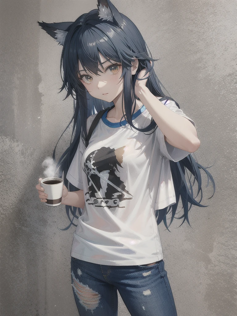 1girl,head,shamare,t-shirt,simple background,torn jeans, holding coffee cup,