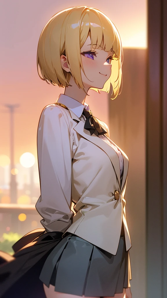 1 Girl、8K、Sharp focus、(Bokeh) (Highest quality) (Detailed skin:1.3) (Intricate details) (anime)、(blonde)、short hair、Bobcut、Blunt bangs、Beautiful purple eyes、Slender body、White shirt、Black mini skirt、Black Fitted Blazer、profile、Calm face、Mouth closed、Cheeky Smile、Squint your eyes、Park in the background、sunset、Soft lighting.