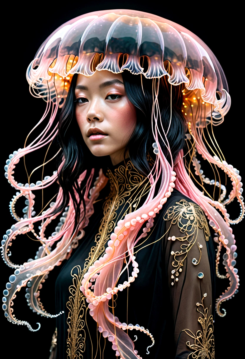 photo RAW, (Black and pink : Portrait of a ghostly jellyfish, shiny aura, highly detailed, gold filigree, intricate motifs, organic tracery, by Android jones, Januz Miralles, Hikari Shimoda, glowing stardust by W. Zelmer, perfect composition, smooth, sharp focus, sparkling particles, lively coral reef background Realistic, realism, hd, 35mm photograph, 8k), masterpiece, award winning photography, natural light, perfect composition, high detail, hyper realistic