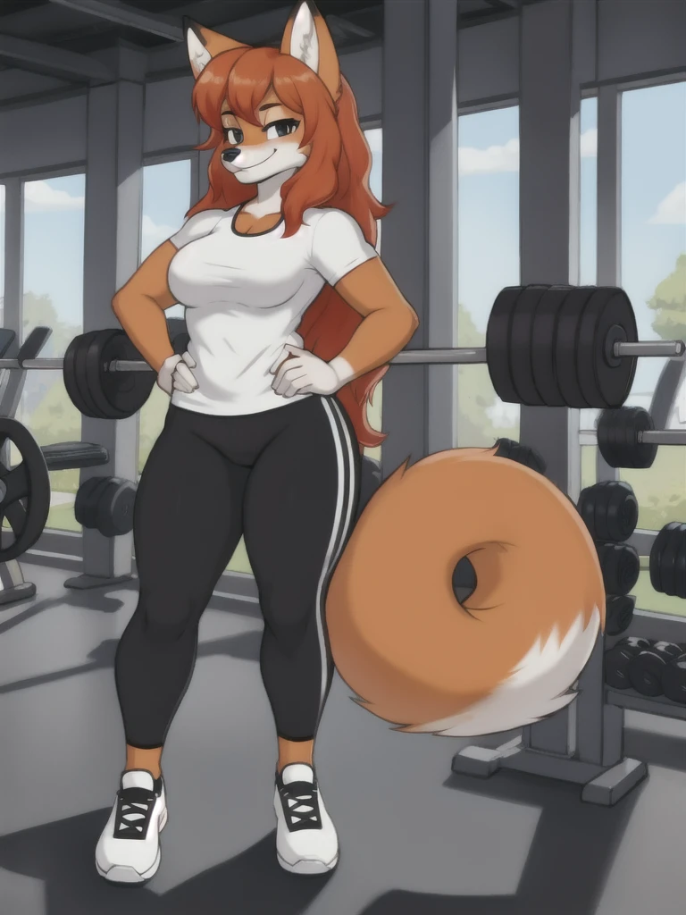 Furry, fox, female, white shirt, black leggings, shoes, gym, teen, full body