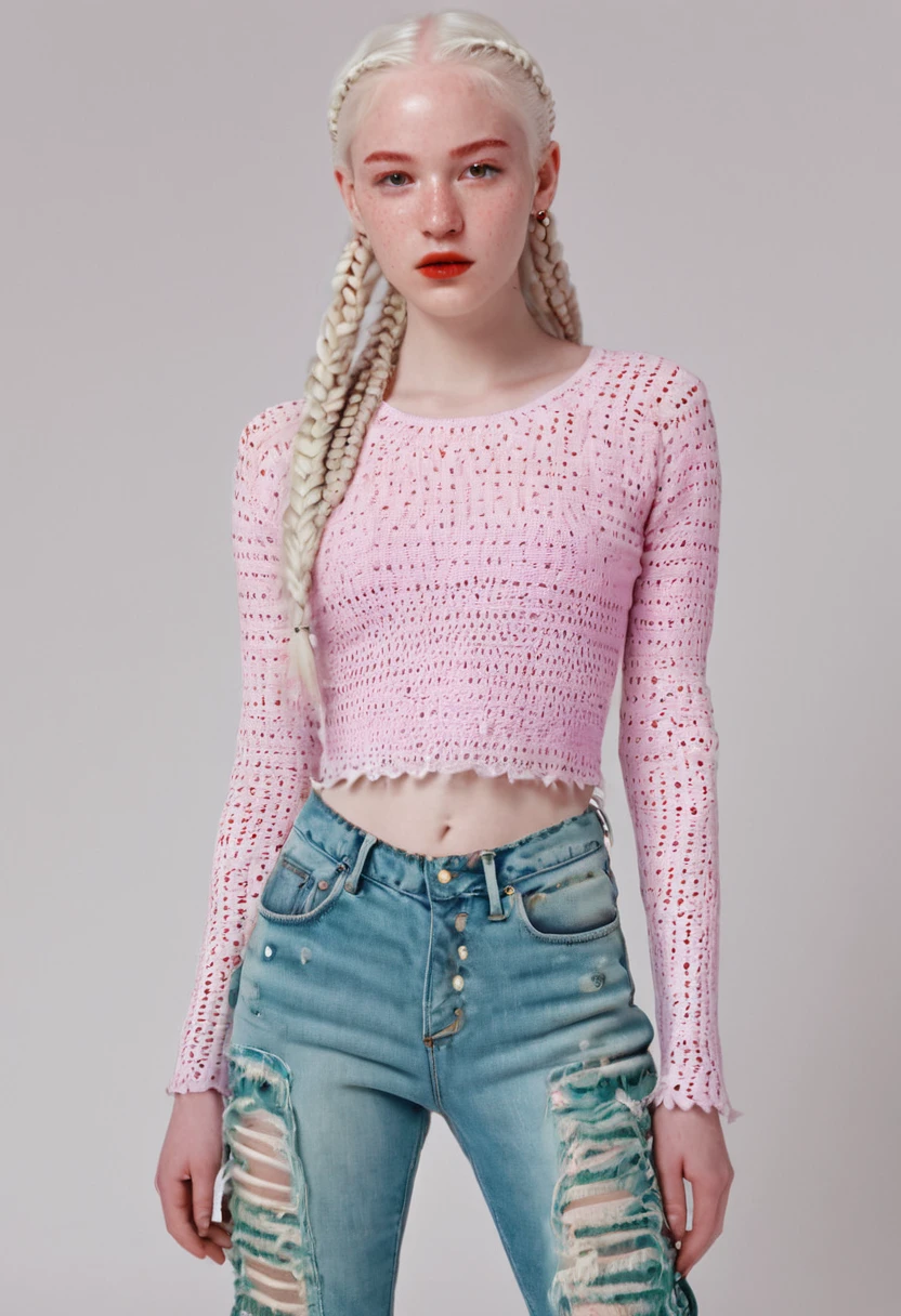 full shot photograph of a beautiful woman's body
Nordic complete, 22 years old, (albino white hair, small thin African braids on the sides and long, loose hair in the middle), (well-defined bright light violet eyes), (beautiful baby face with some dots of freckles) , (red face makeup and eye and cheek contours), (pink crochet knitted low-cut top), ((classic ripped flared jeans, light blue color)), ((,(Gucci patent crocodile skin boots), (green crocodile skin heels 9 cm 1.4),)), full body, HD, 64k. Look at my shoes, fashion, cinematic, typography, 3d render, illustration, photo